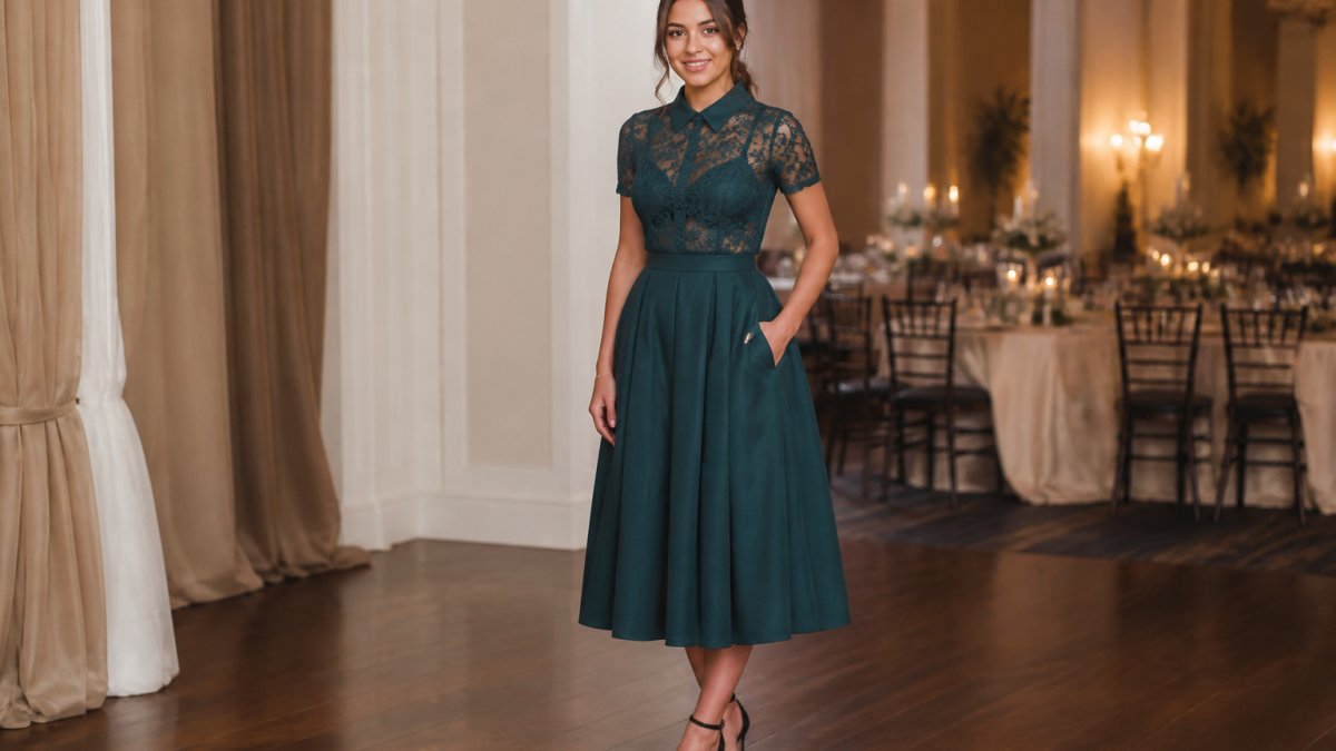 Junior wearing a midi-length dress in jewel tone with collared lace top and polished dress shoes, posed at an elegant indoor event setting with warm lighting