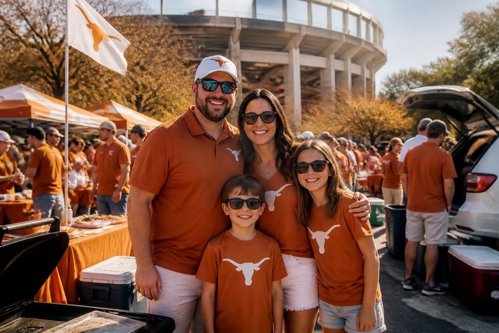 Family wearing burnt orange apparel tailgating at a Texas Longhorns game on a sunny fall day outside the stadium.