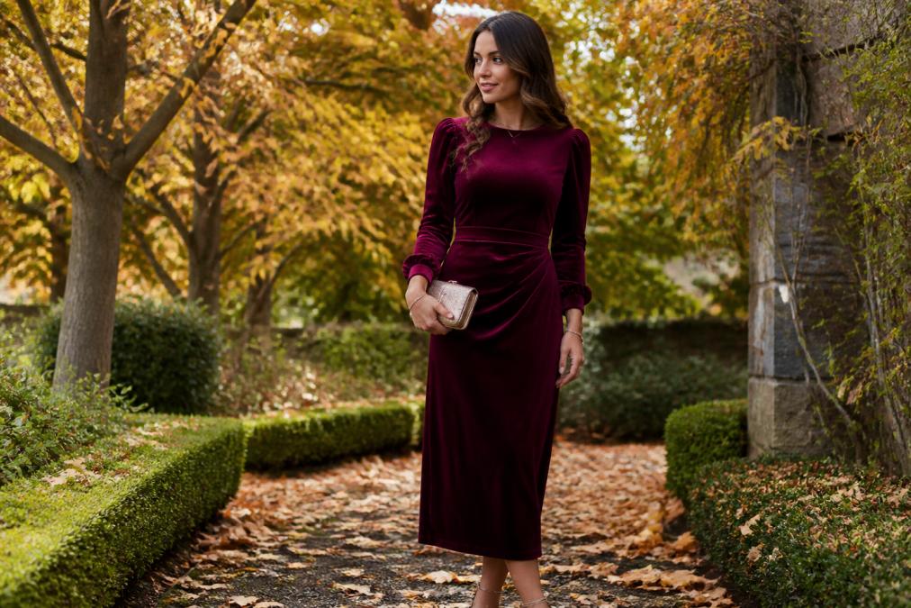 A woman wearing an elegant burgundy velvet midi dress with long sleeves, standing in a garden setting with golden autumn leaves, holding a small clutch