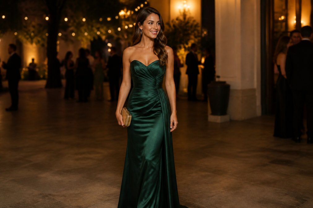 A woman in an elegant floor-length satin gown in a deep jewel tone, standing in a softly lit venue with warm bokeh lights in the background. She is holding a small clutch and smiling, embodying polished formal event style.