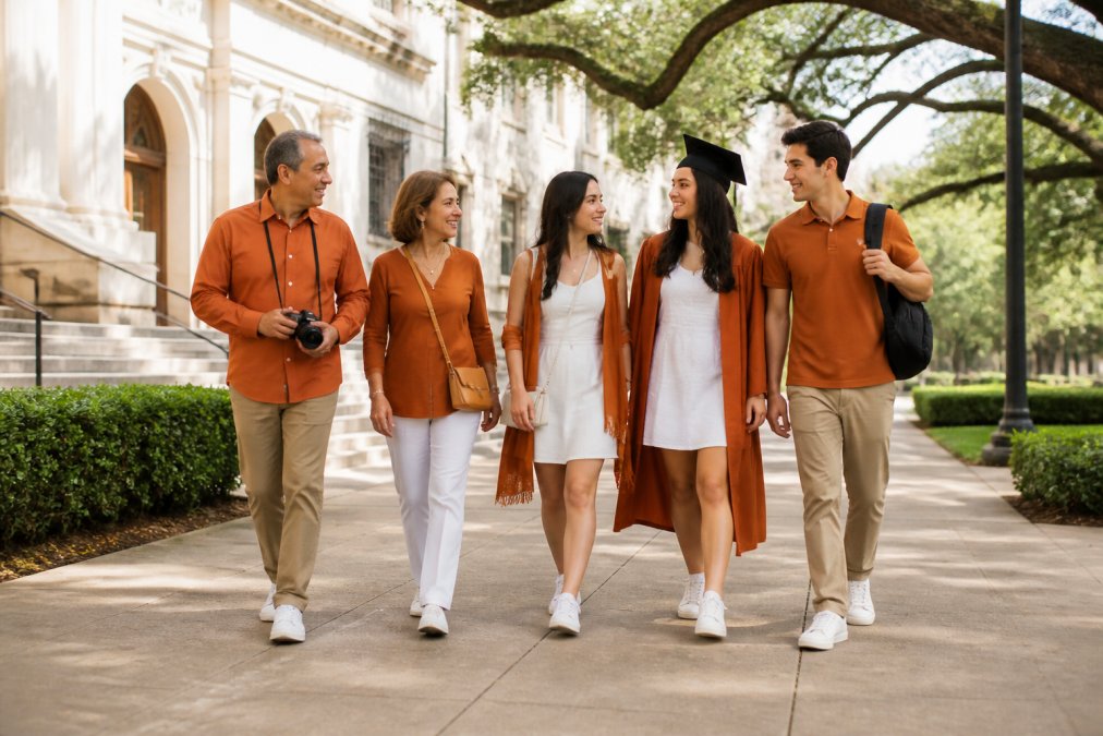 Multigenerational family walking across a sunny campus in coordinated outfits and comfortable shoes on graduation day
