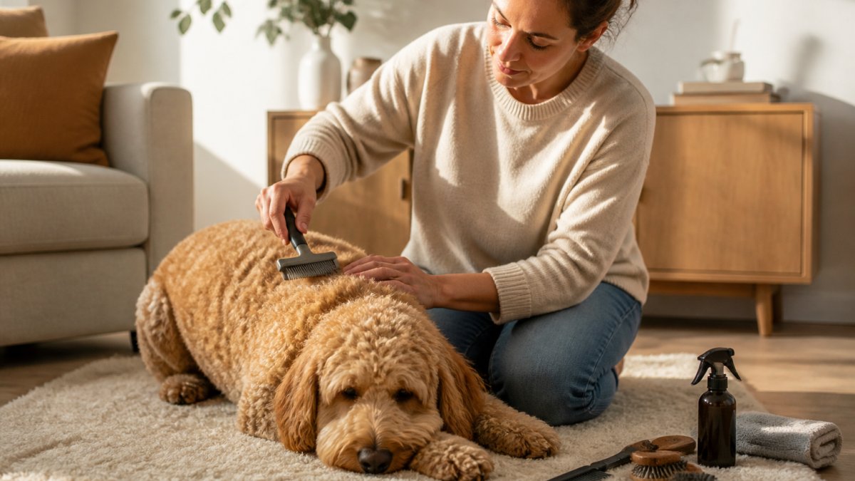 A calm close-up scene of a person gently brushing a curly-coated doodle on a soft rug in a bright living room, dog relaxed with head down, natural window light