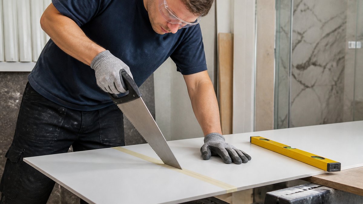 A bathroom fitter in safety glasses using a fine-toothed hand saw to cut a white shower wall panel on a workbench, with masking tape marking the cutting line and a spirit level nearby