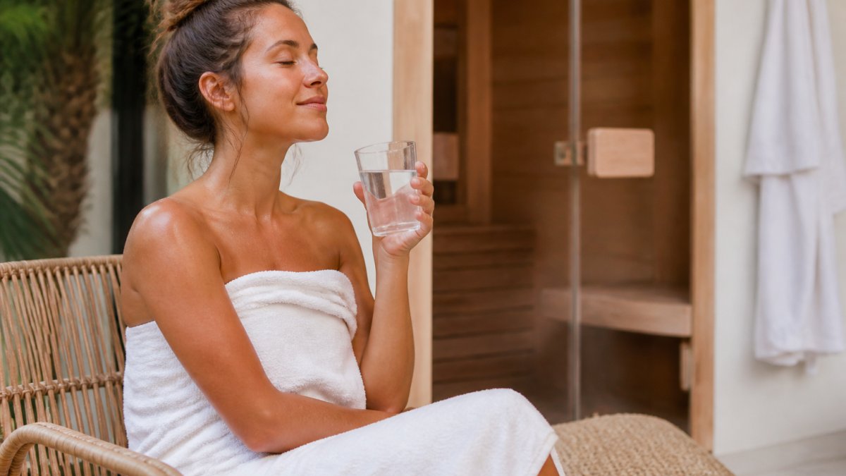 Person relaxing wrapped in a towel with a glass of water after exiting a sauna, peaceful expression in a spa-like home setting with soft lighting