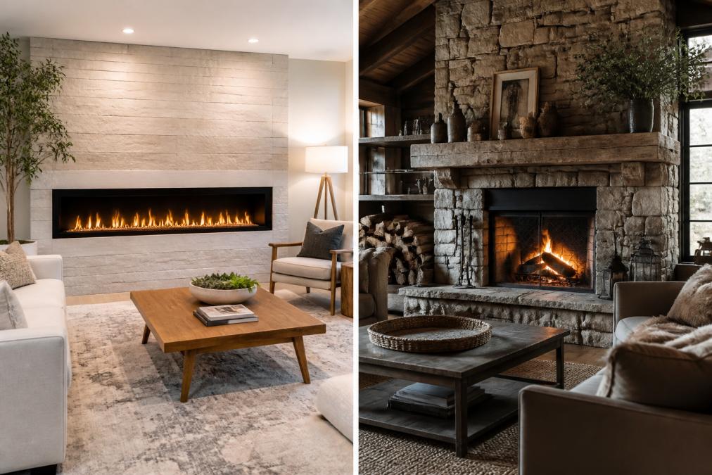 Side-by-side comparison of sleek and modern and linear concepts for What type of fireplace adds the most value?