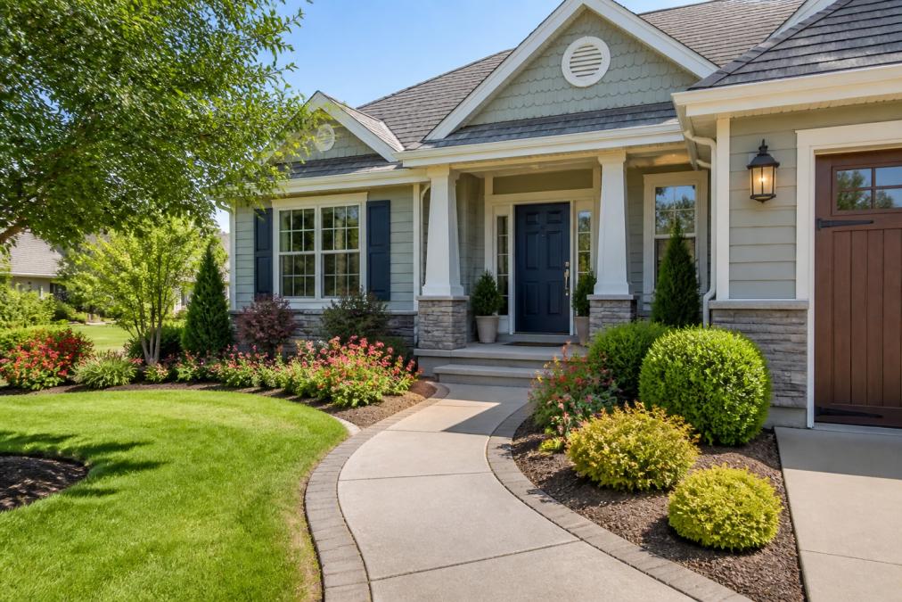 A well-maintained suburban home with fresh landscaping, a newly painted front door, and a clear walkway, photographed on a sunny day to highlight strong curb appeal