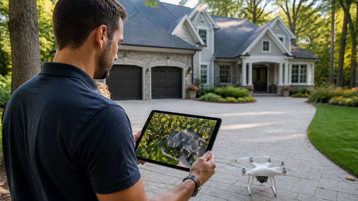 A real estate agent standing in a residential driveway, looking at a tablet displaying aerial drone photos of a suburban home with a manicured lawn and mature trees