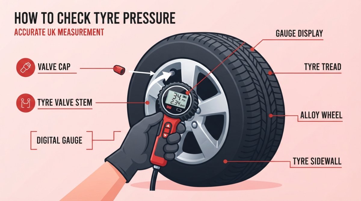Close-up of a hand holding a digital tyre pressure gauge being pressed onto a car tyre valve stem, with the gauge display showing the pressure reading clearly