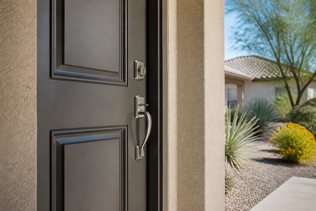 A close-up of a modern steel entry door with fresh paint on a Gilbert home, sunlight reflecting off the brushed nickel hardware, manicured desert landscaping visible behind