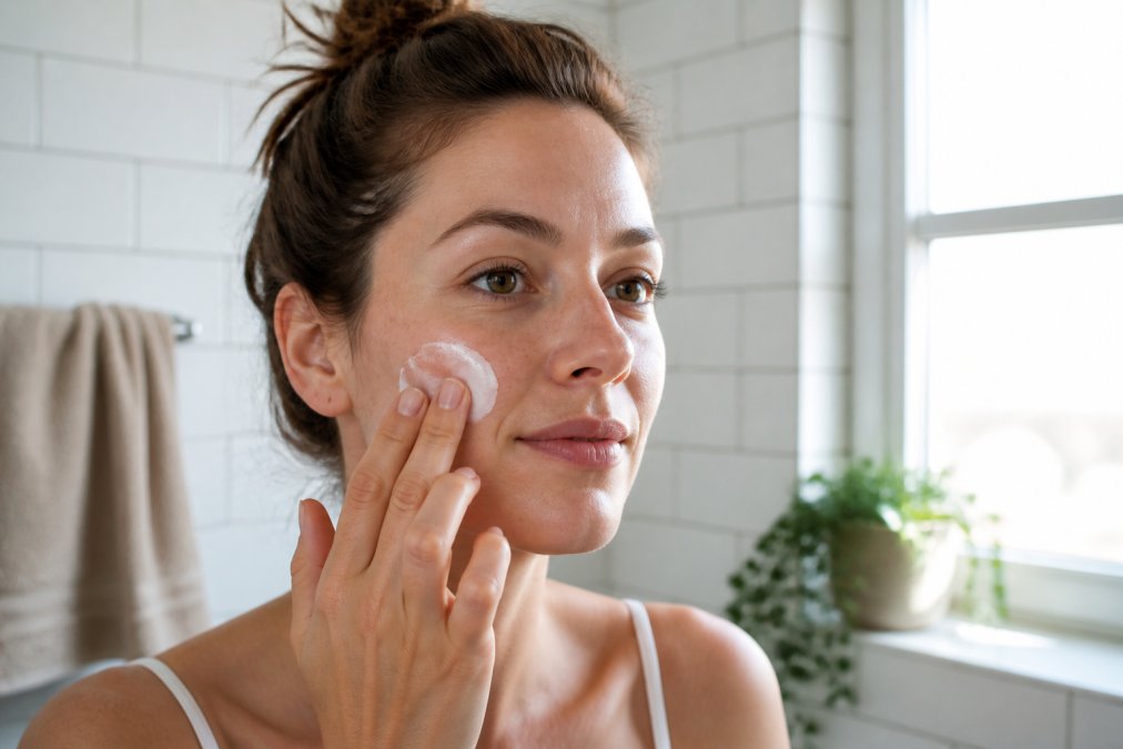 Close-up of a woman applying a white ceramide night cream to her cheek with two fingers, soft diffused morning light through a bathroom window, calm neutral expression, white tiled background