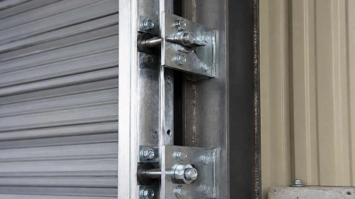 Diagram showing reinforced steel guides and wind locks for high wind load rating roll up doors