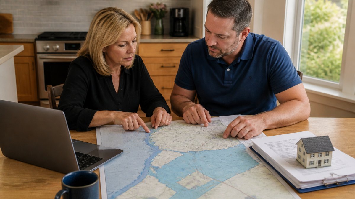 A homeowner and an insurance agent reviewing a large paper flood zone map together at a kitchen table, with a laptop and property documents nearby