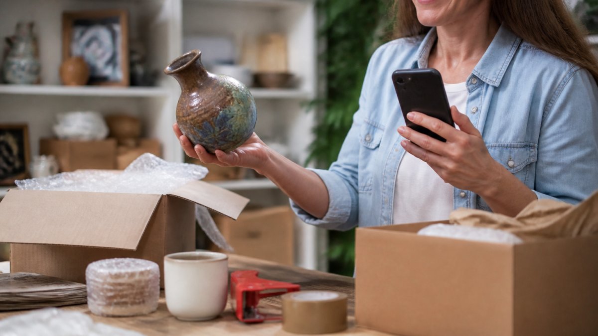 Smiling seller holding a collectible item while using live auction platforms to manage inventory