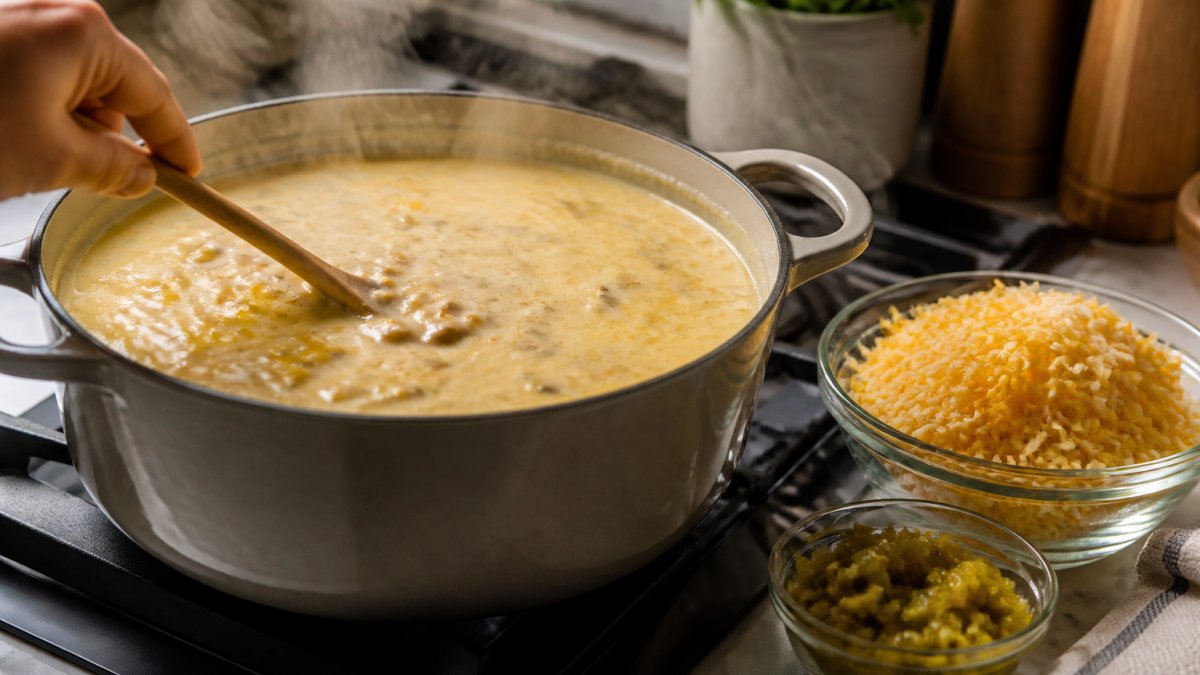 A home cook stirring a creamy soup in a large pot on a stovetop, steam rising, with a bowl of shredded cheese and chopped green chiles on the counter beside it