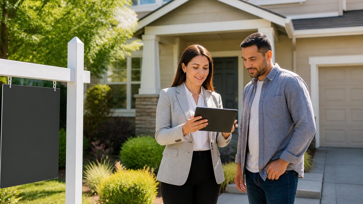 Real estate agent and buyer reviewing the California home market on a tablet in front of a house