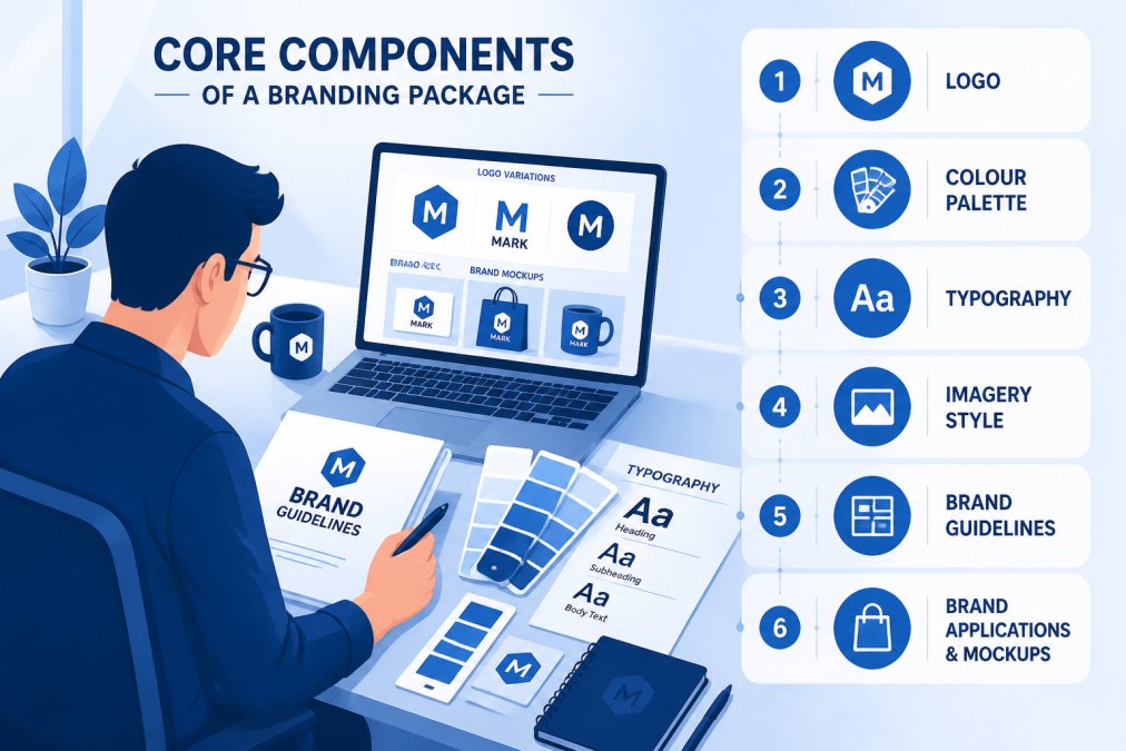 Designer working at desk with brand guidelines document, colour swatches spread across workspace, typography samples visible, laptop screen showing logo variations and brand mockups in natural office lighting