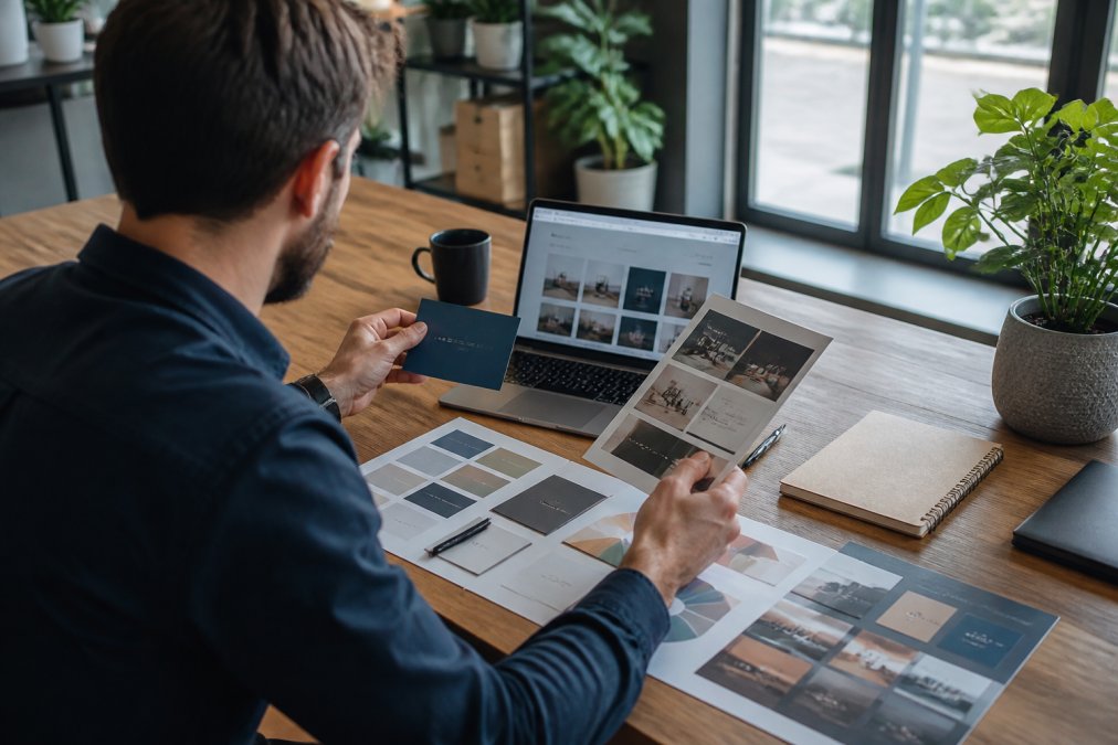 Small business owner at modern workspace reviewing brand identity materials including business cards, website mockup on laptop, social media graphics printed out, colour swatches and typography samples spread across desk in bright natural lighting