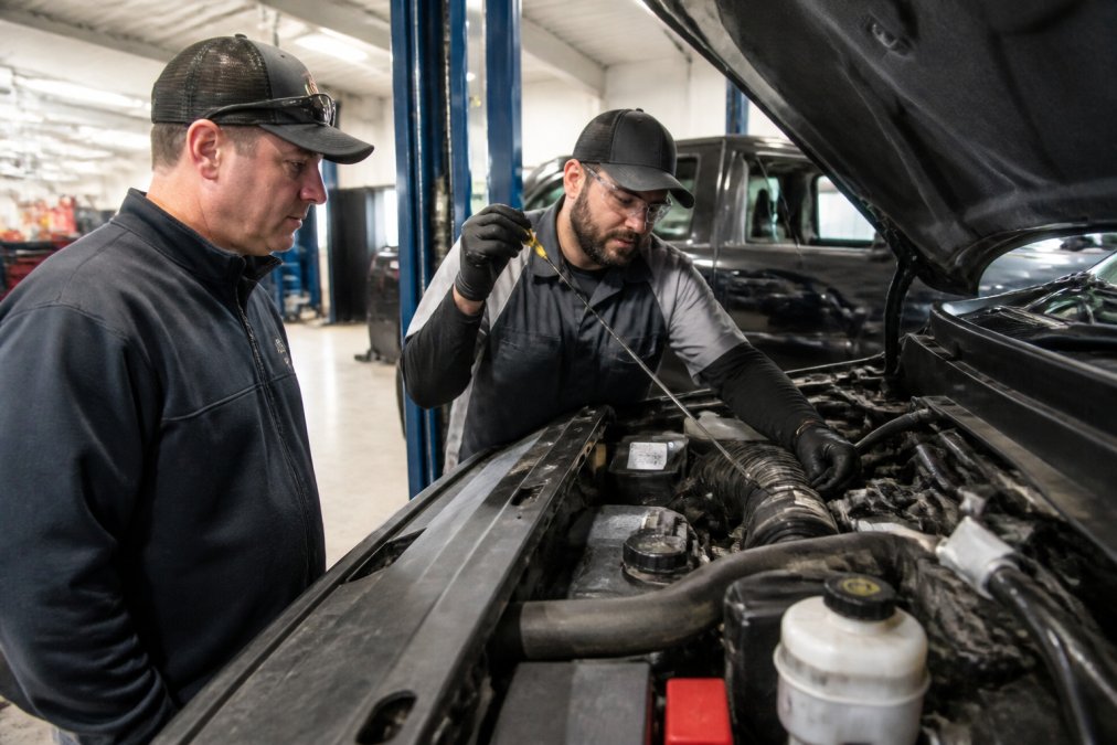 Professional certified technician performing comprehensive multi-point inspection under truck hood, checking fluid levels and examining genuine GM parts in modern service bay with bright overhead lighting