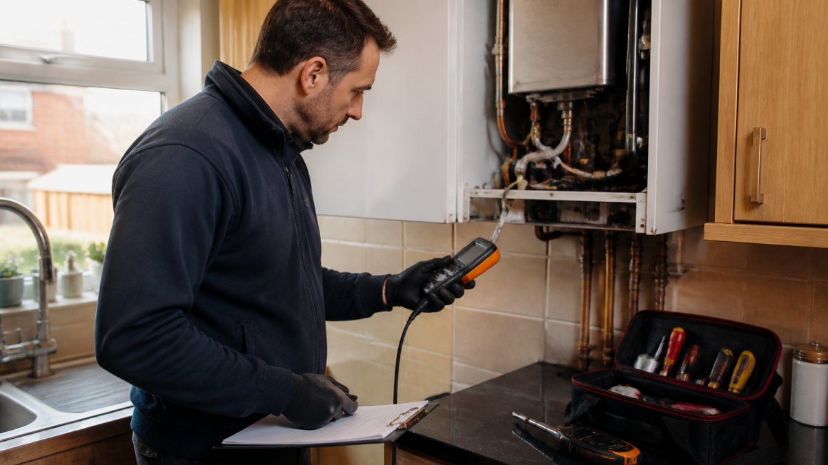 Professional Gas Safe registered engineer examining boiler with diagnostic tools and clipboard, inspecting connections and casing closely in a residential kitchen