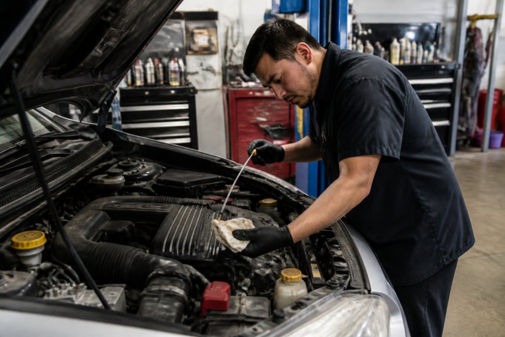 Professional technician performing under-hood inspection on Japanese sedan, checking fluid levels and components with diagnostic tools in well-lit garage bay with organized workbench in background