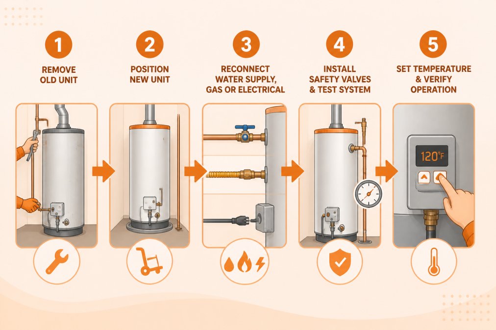 Flowchart showing 5 main steps of water heater replacement: Step 1 - Remove old unit and disconnect lines, Step 2 - Position new unit in place, Step 3 - Reconnect water supply, gas or electrical, Step 4 - Install safety valves and test system, Step 5 - Set temperature and verify operation