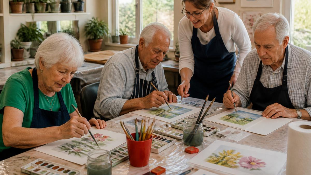 Senior residents participating in a group art class in a bright, home-like studio space with an instructor guiding their work