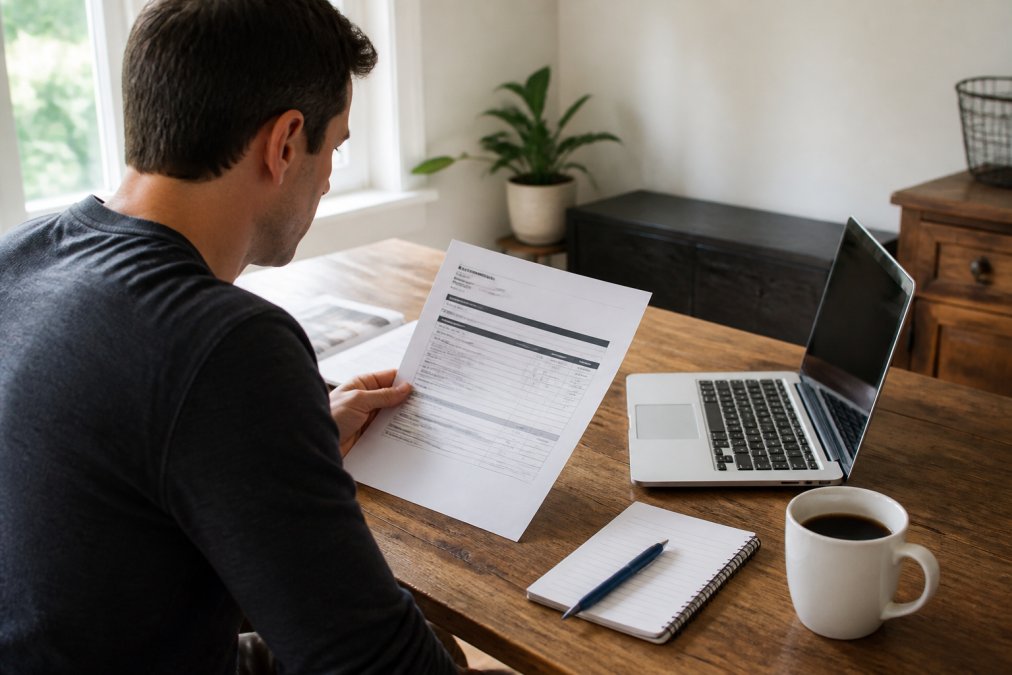 Homeowner sitting at desk reviewing printed dumpster rental quote with laptop, coffee cup, and notepad nearby, natural window light illuminating the documents