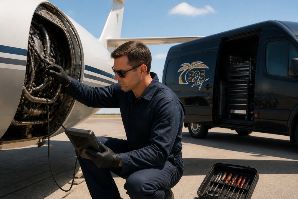 Professional technician in flight suit performing engine diagnostics on a parked aircraft using diagnostic equipment and handheld tools, with mobile maintenance van visible in background during daylight