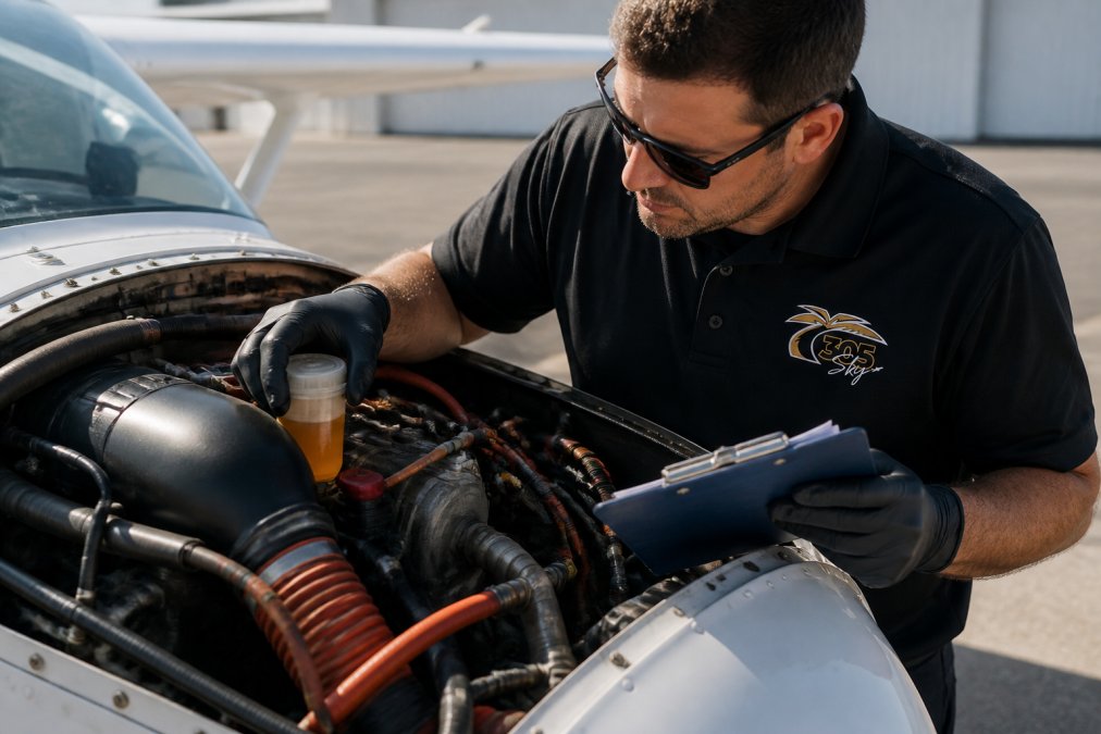 Pilot's hands checking fluid levels and inspecting engine components in aircraft engine bay while holding maintenance checklist and diagnostic tool, with natural daylight illuminating the work area