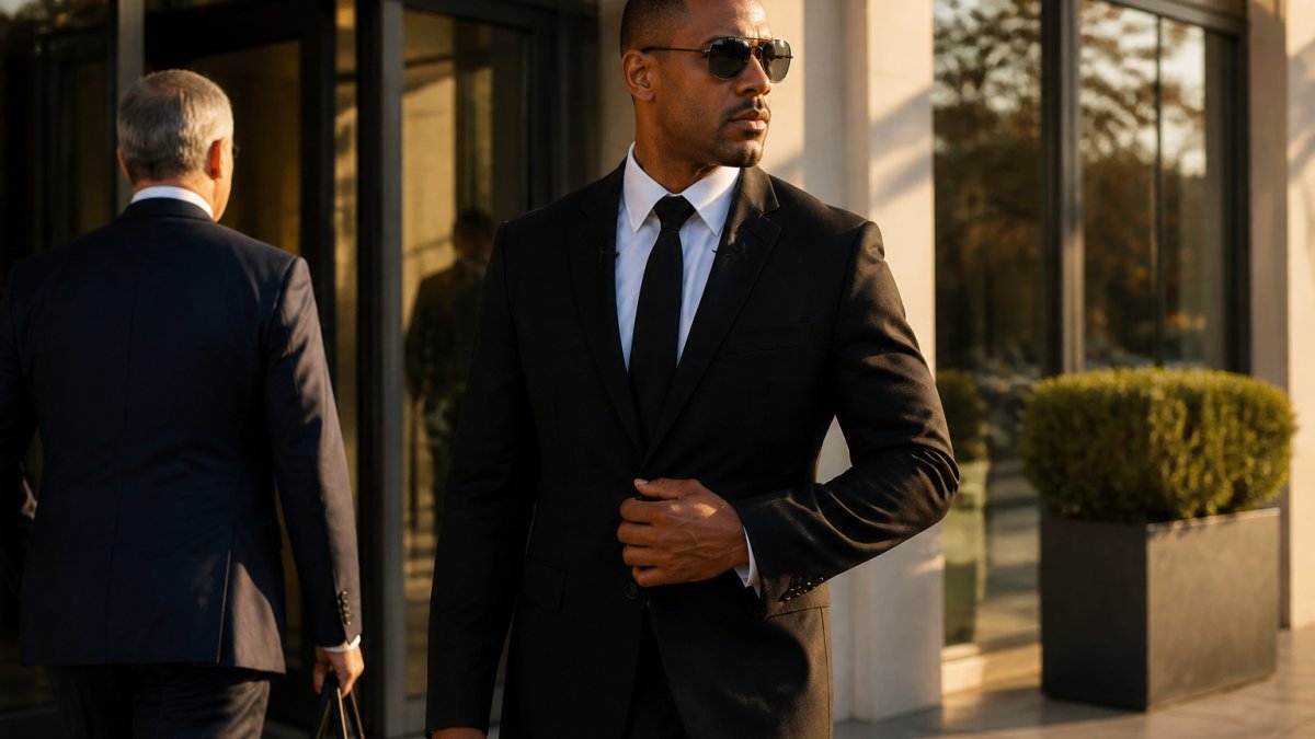 Professional security officer in business attire conducting situational awareness and monitoring surroundings at corporate office entrance with natural lighting