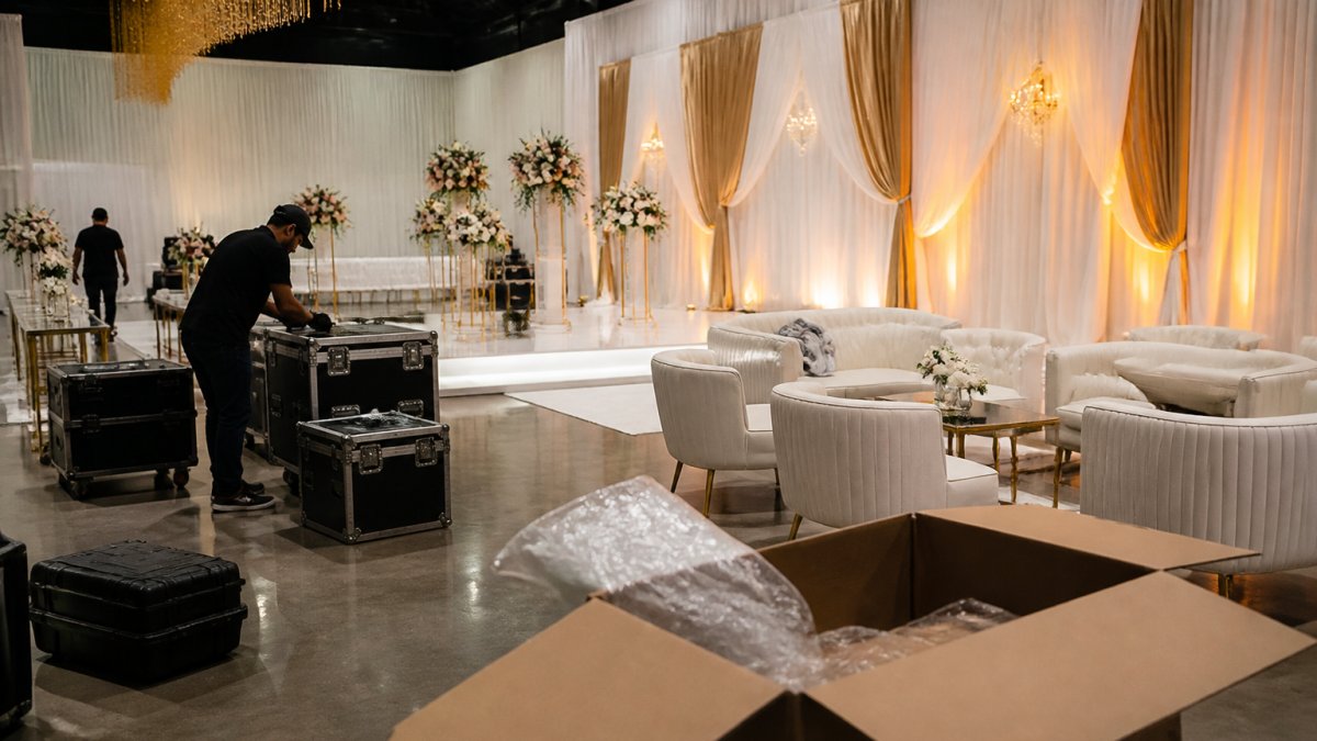 Opulent ceremony space featuring white and gold draping and lounge seating for luxury wedding packages.