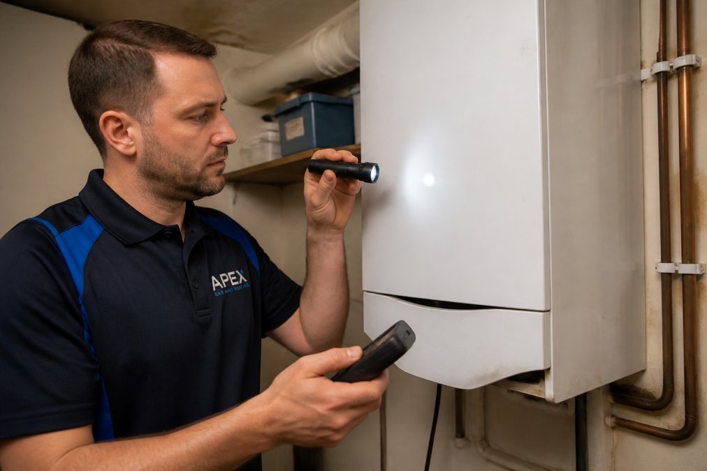 Professional Gas Safe engineer in uniform inspecting the external casing of a domestic boiler in a utility room, checking for corrosion and damage with a torch and diagnostic tool