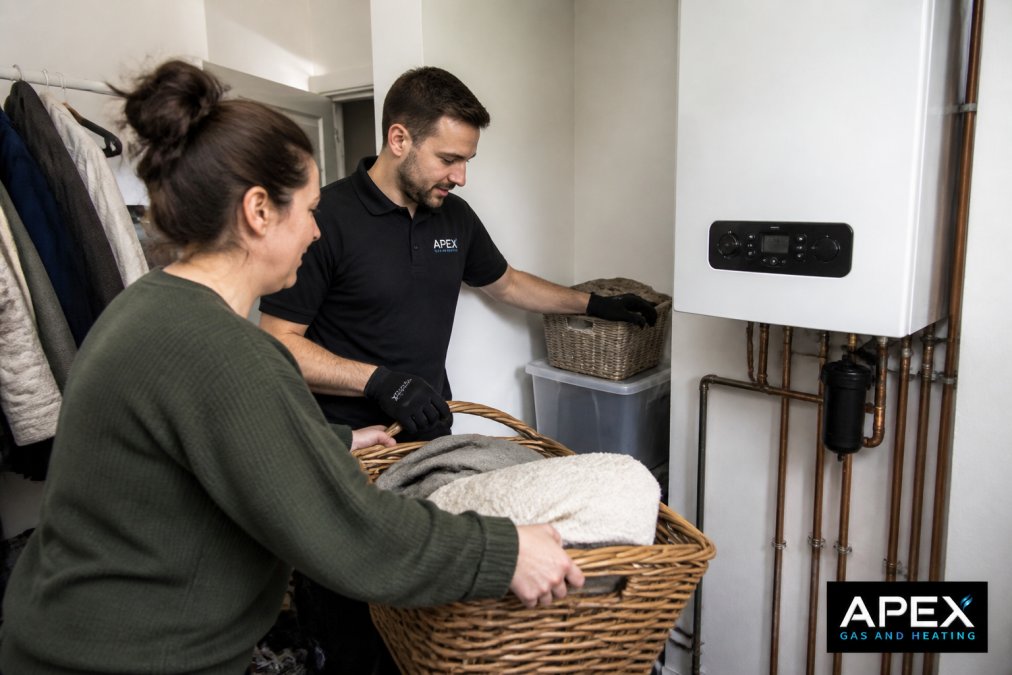 Homeowner clearing space and removing items from around a boiler in a utility room to ensure safe access for the Gas Safe engineer during servicing