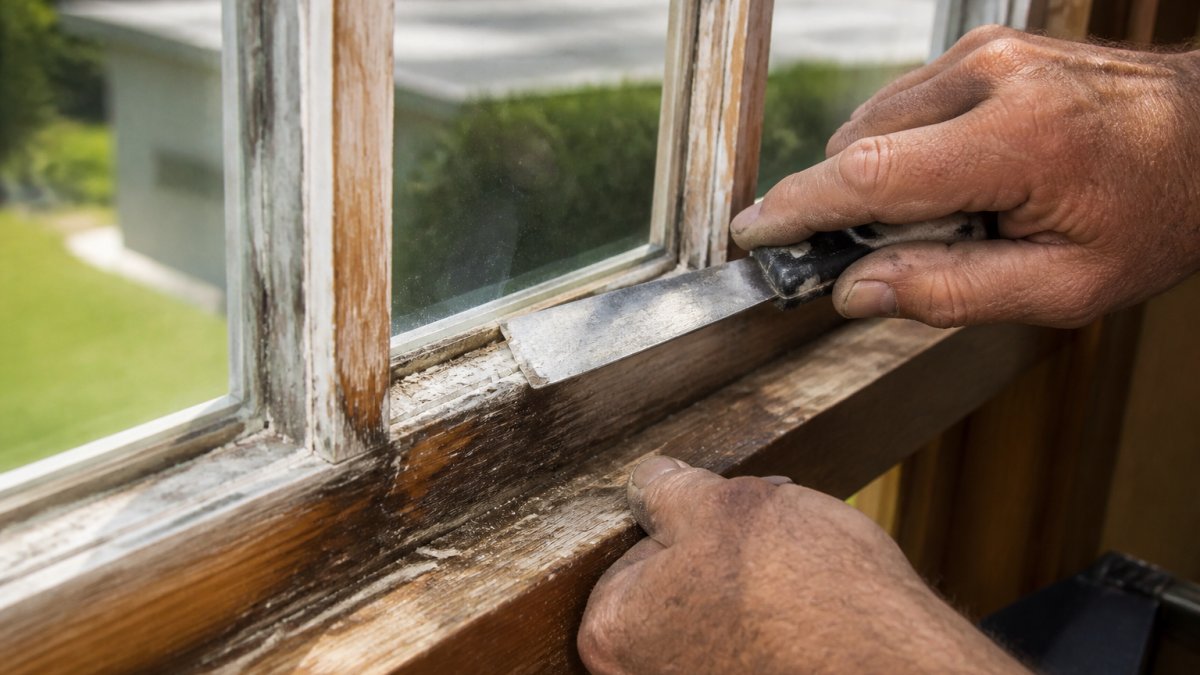 Step-by-step process of removing old putty for window reglazing repairs