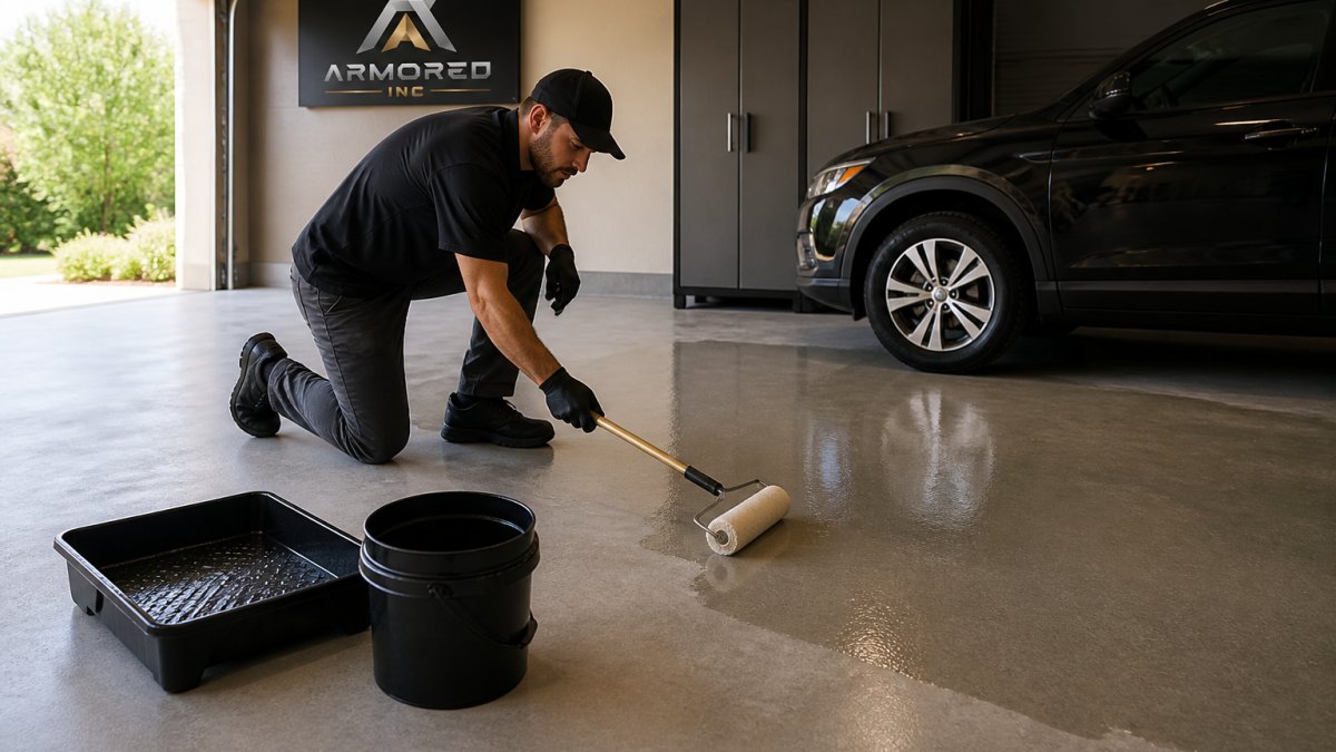 Homeowner using a roller to apply clear floor sealant to a clean garage floor with a parked car nearby