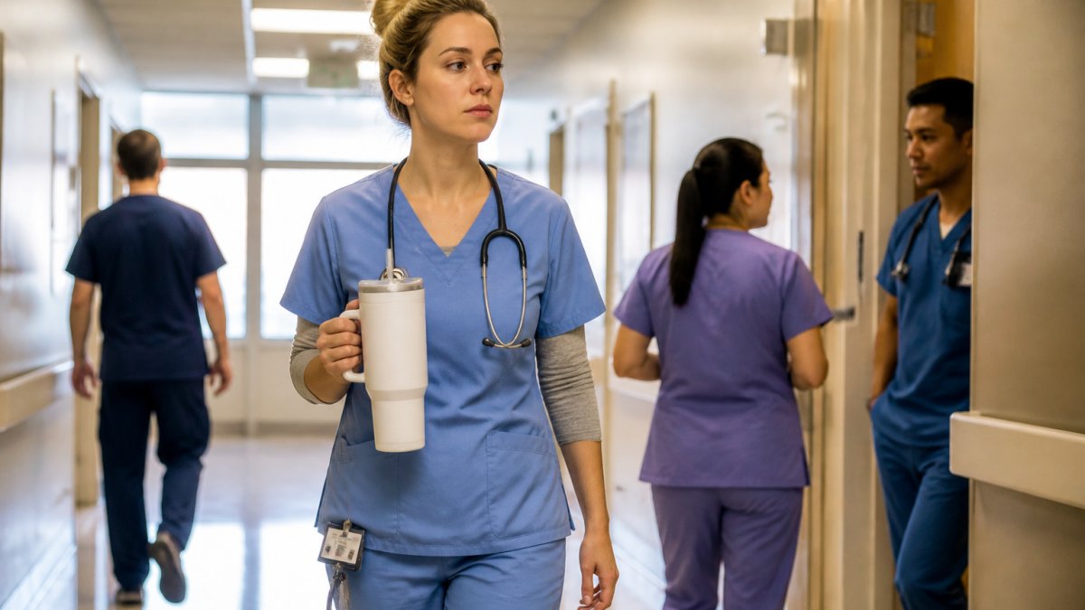 Nurse in scrubs walking down a hospital hallway holding a large 40oz handled tumbler with a straw