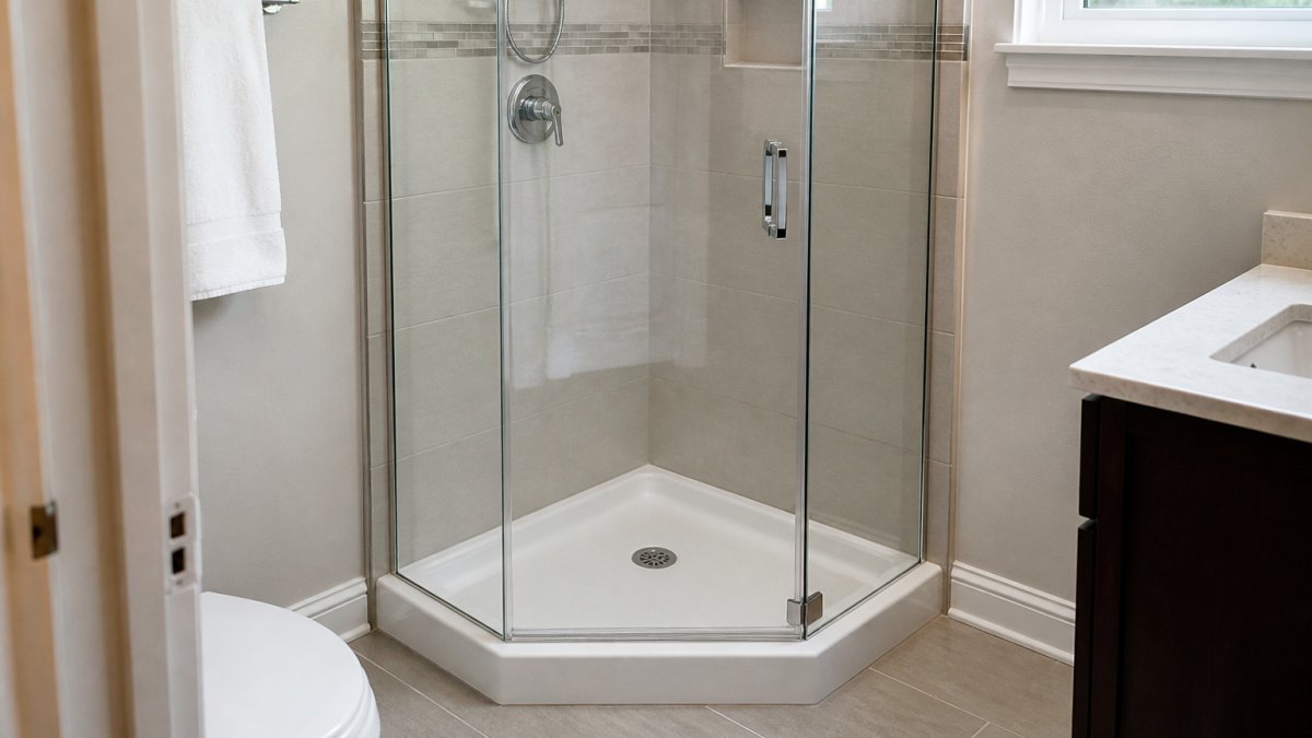 Modern compact bathroom with neo-angle shower base installed in corner, showing curved corner design fitting snugly between two walls, with clear floor space visible in front of the shower enclosure, natural bathroom lighting