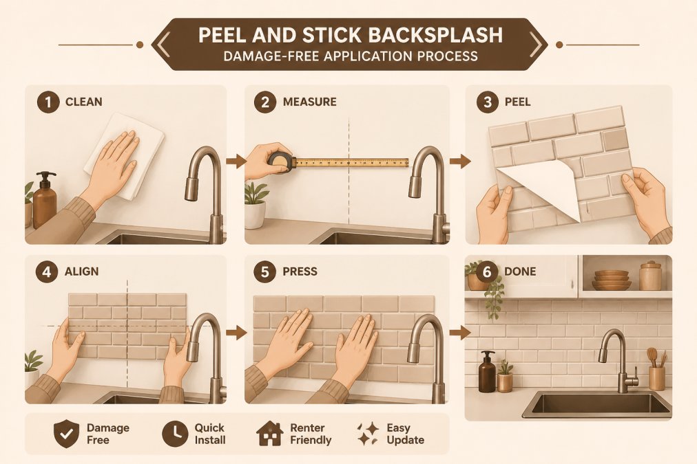 Close-up of hands carefully applying a peel and stick tile to a kitchen wall above a sink, showing the application process in a modern apartment kitchen