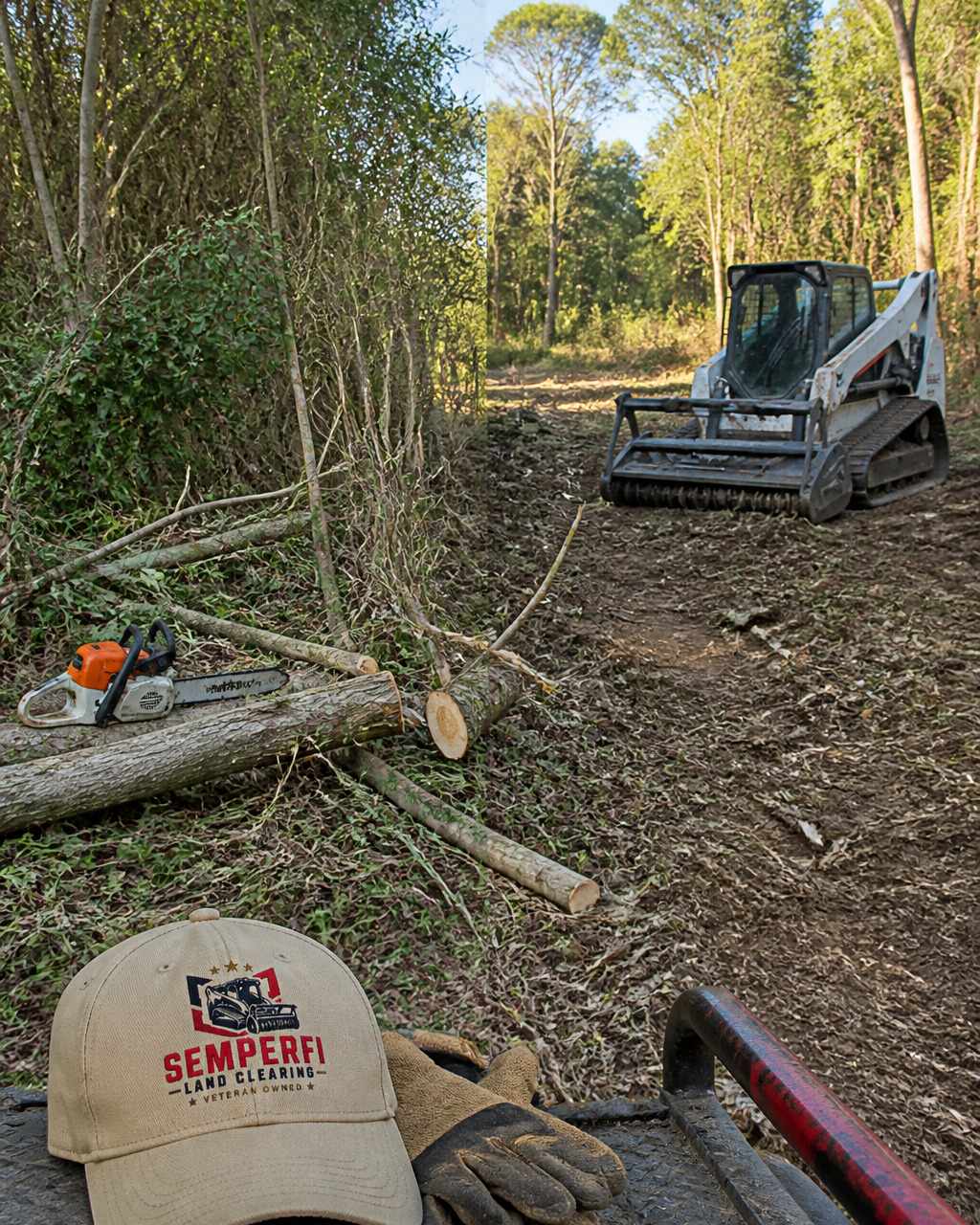 Crew using chainsaws and hand tools to clear small acreage of thick brush and fallen logs on a wooded property.
