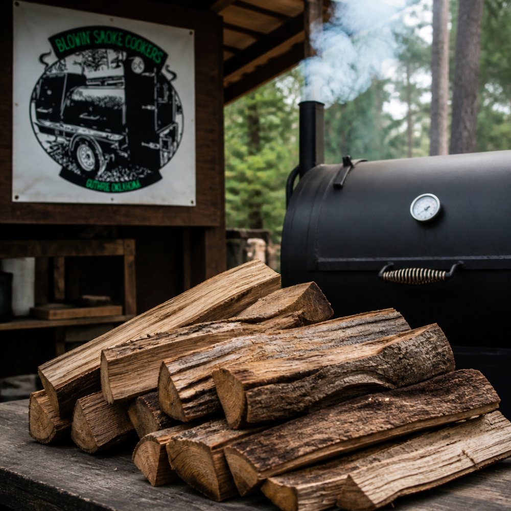 Close-up of seasoned hardwood splits stacked near a smoking offset smoker, with smoke rising in the background and a thermometer visible on the smoker door