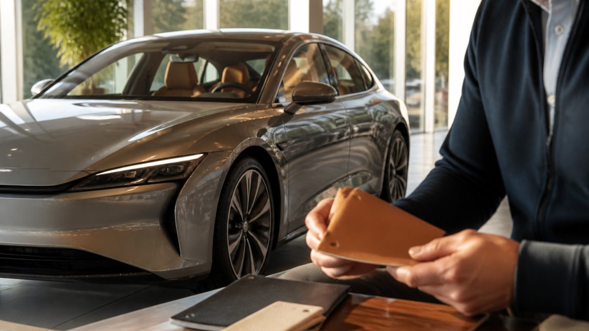 Luxury electric sedan parked in modern showroom with soft ambient lighting, sleek design visible, premium leather interior details through windows