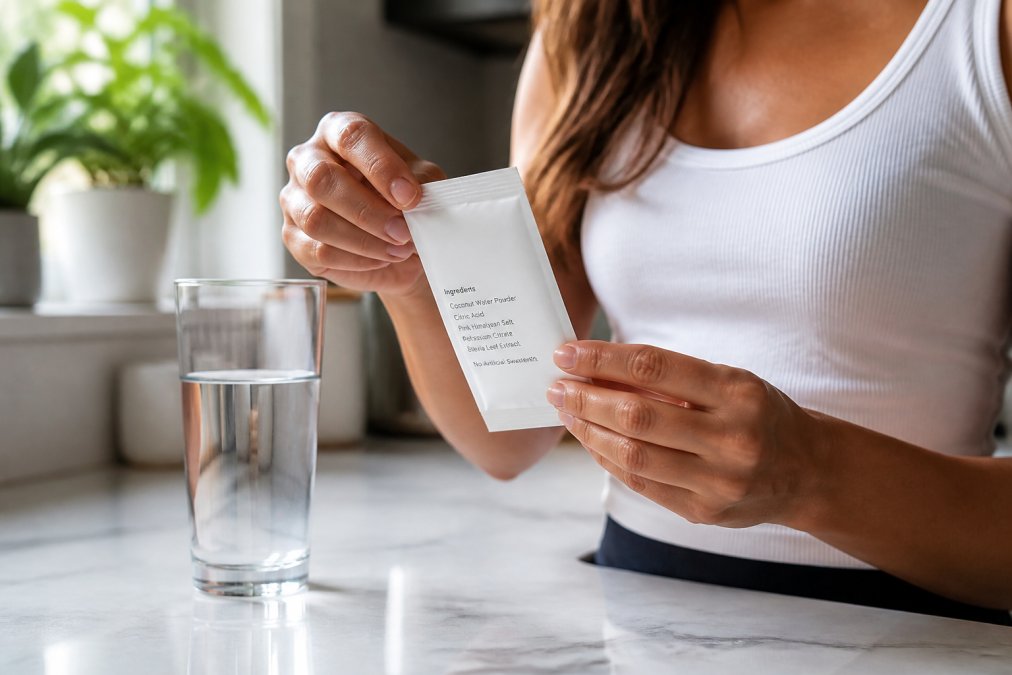 Close-up of a person's hands holding a clean-label electrolyte powder packet next to a glass of water on a bright kitchen counter, with natural light highlighting the minimal ingredient list on the packaging