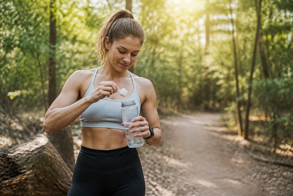 An active person in athletic wear mixing a powder supplement into a water bottle after an outdoor workout, surrounded by natural greenery, with warm afternoon sunlight filtering through the trees