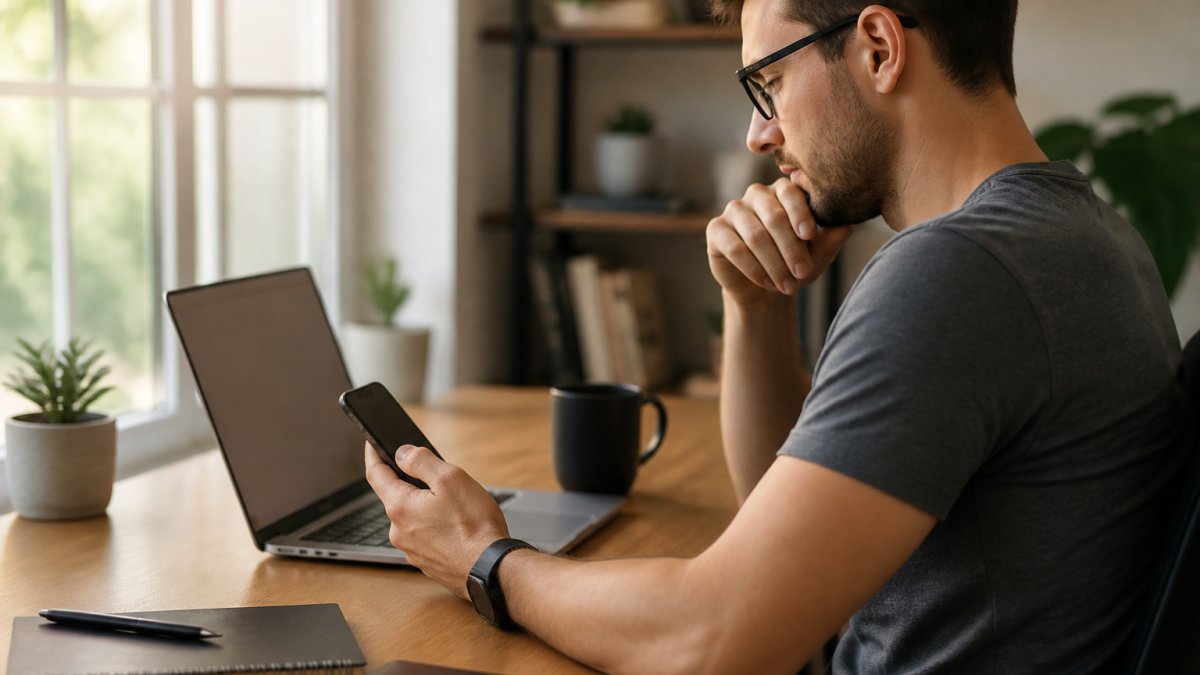 Person sitting at home desk with laptop and mobile phone displaying earnings dashboard and withdrawal progress tracker, natural daylight through window, relaxed home office environment