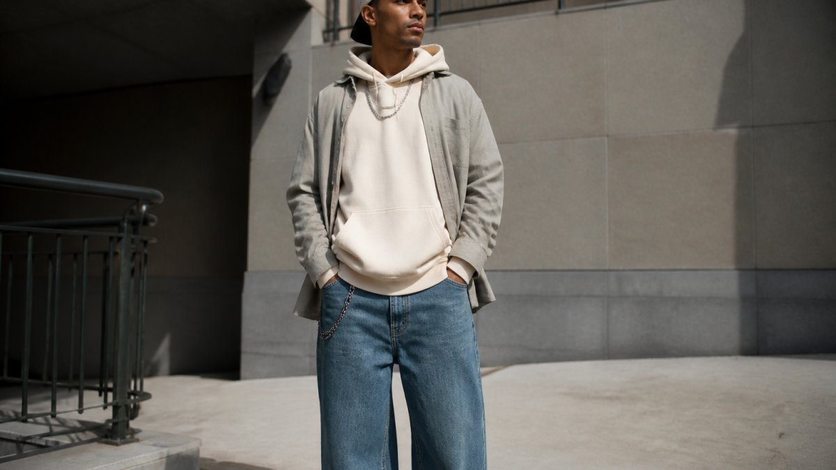 Person wearing an oversized heavyweight hoodie in cream with relaxed-fit jeans, layered with an open overshirt, styled with a snapback and chain accessories, standing in natural daylight in an urban setting