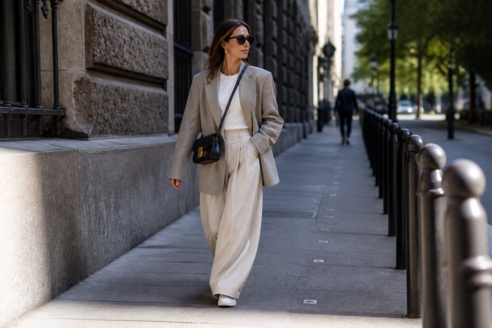 Stylish woman in wide-leg trousers and an oversized blazer walking on a sunlit city street, showcasing what's trending in