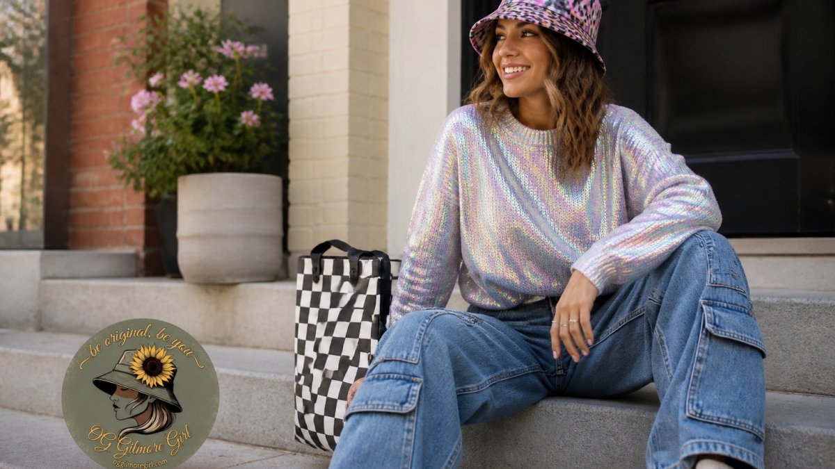 Stylish woman wearing wide-leg cargo jeans and a holographic sweater with a patterned bucket hat in a park