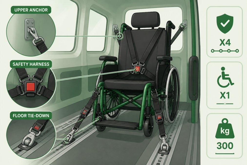 Close-up of wheelchair securely fastened with restraint straps inside a minibus, showing safety harness attachment points and professional installation detail