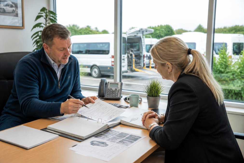 Professional business meeting between fleet manager and insurance consultant reviewing minibus specifications and compliance documents at desk with natural office lighting