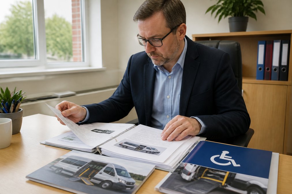 School business manager reviewing detailed vehicle specifications and accessibility compliance documentation at a desk, with a minibus brochure and accessibility standards guide visible in natural office lighting